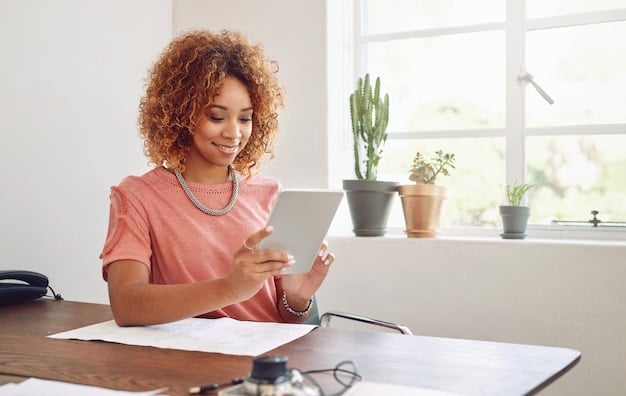 A person reviewing health insurance options on a tablet, sitting at a desk with financial documents and a calculator, conveying a sense of careful planning and decision-making.