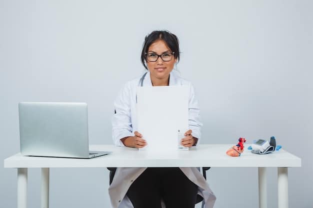 A doctor in a white coat sits at a desk, reviewing a patient's chart with the patient beside them. The background includes medical equipment and a window with natural light. The atmosphere is professional and caring.