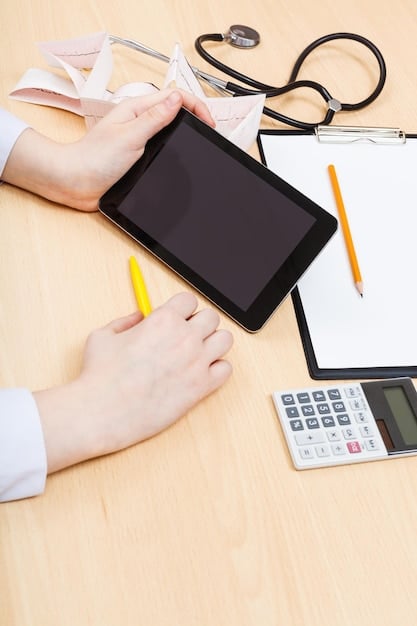 A person is holding a calculator and looking at a health insurance bill, emphasizing the importance of understanding costs like premiums, deductibles, and copays in healthcare decisions. The setting is a home office.