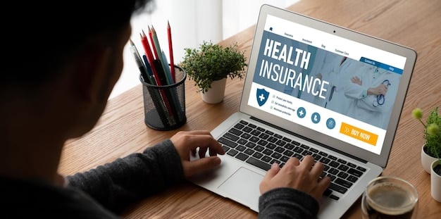 A person happily using a laptop to compare different health insurance plans online. The screen shows a clear comparison chart with key features highlighted: 