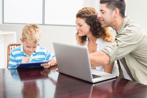 A family sitting at a table reviewing documents, with a laptop displaying a government website related to health insurance subsidies. The scene conveys a sense of financial planning and informed decision-making.