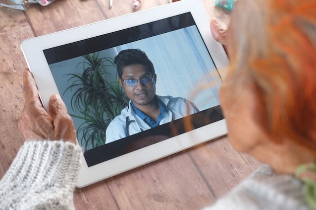 A doctor is shown interacting with a patient via a video call on a tablet, with healthcare data displayed in the background. This highlights the convenience and accessibility of telehealth.