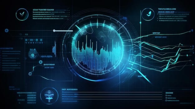 A futuristic interface displays data points and algorithms, with the words 