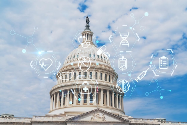 A close-up of the US Capitol building, with medical charts overlaid, symbolizing the intersection of healthcare and government policy.