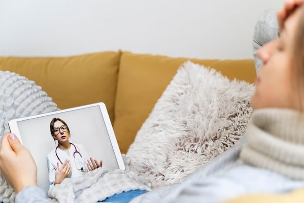 An individual is sitting comfortably at home, engaged in a video call with their doctor on a laptop. The room is cozy and well-lit, creating a sense of relaxation and convenience. The focus is on the effortless connection between the patient and healthcare provider, highlighting the ease and accessibility of telehealth from the comfort of one's home.