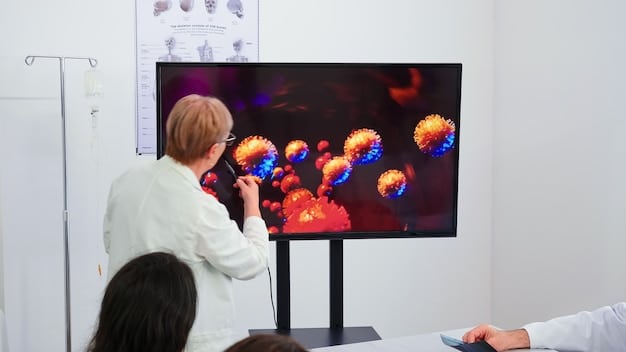 A doctor examining a digital display of a patient's genome, with various data points representing different aspects of their health and genetic makeup.