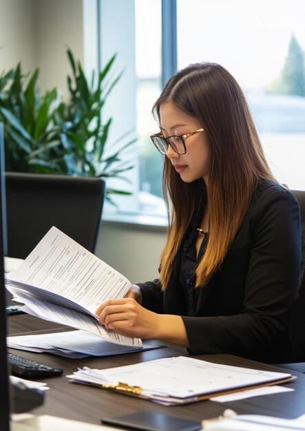 A person is sitting at a desk, reviewing a document labeled 