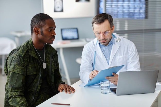 A veteran sitting across from a doctor in an office, discussing healthcare options with brochures spread out on the table. The doctor is pointing to a document.