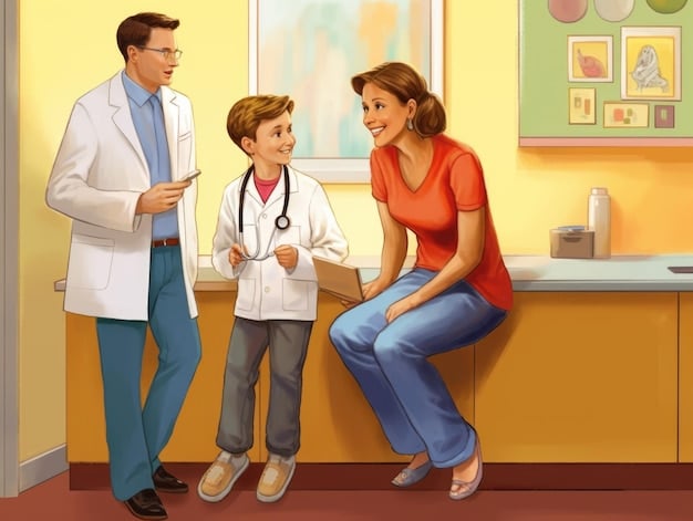 A family is depicted happily engaging in a conversation with their doctor in a bright, well-appointed clinic. The friendly interaction highlights the ease and accessibility of healthcare afforded by their insurance plan.