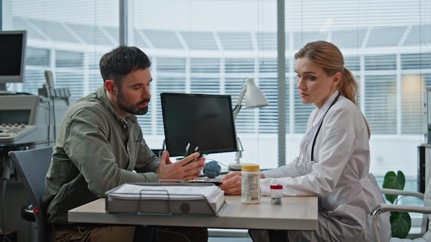 A doctor explaining different health plan options to a concerned couple in his office. The doctor is pointing at a brochure while the couple listens attentively, showing the importance of professional advice.