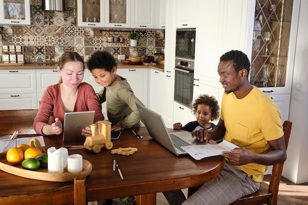 A family sitting at their kitchen table, reviewing documents related to different healthcare plans. The scene is warm and inviting, emphasizing the importance of family discussion in making healthcare decisions.