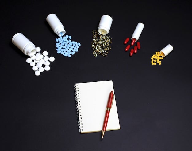 A close-up shot of various prescription medication bottles and pills scattered on a table, with a prescription form partially visible.