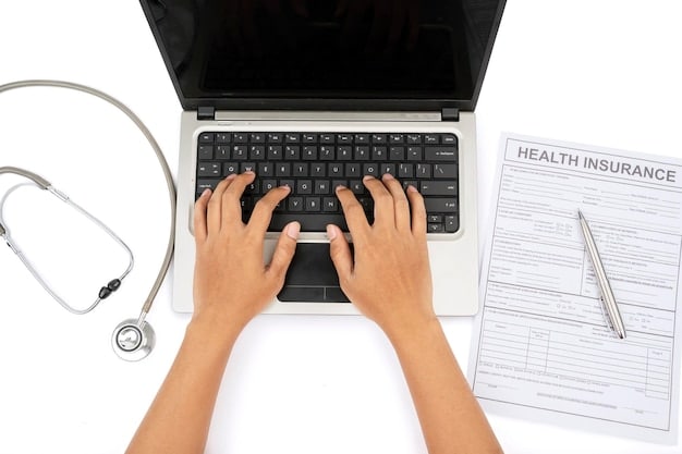A person using a laptop to compare health insurance plans online, with a calculator and pen and paper nearby.