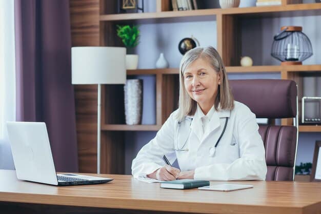 An image showing a doctor sitting at a desk, smiling and discussing a health insurance plan with a patient. The patient is holding a brochure with the HMO logo prominently displayed. The setting is a well-lit doctor's office.