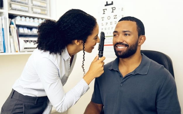 An eye exam being performed, with a doctor using an ophthalmoscope to examine the patient's eye.