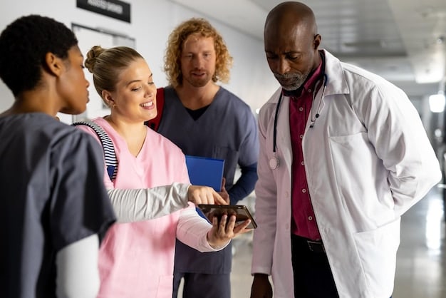 A diverse group of people smiling and looking at a tablet displaying information about health insurance plans, set against a background of a modern clinic.