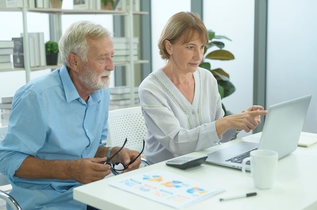 A senior couple discussing healthcare options with a financial advisor in a bright, comfortable office. The scene conveys trust, planning, and informed decision-making.