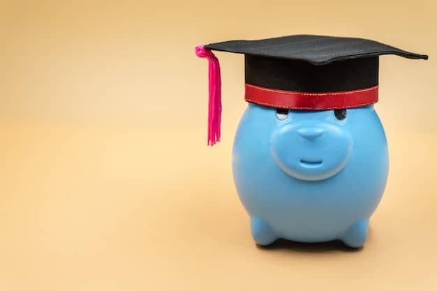 An illustration of a piggy bank wearing a graduation cap, with dollar bills and coins flowing into it. The image represents the concept of saving and investing early for future education or financial goals.