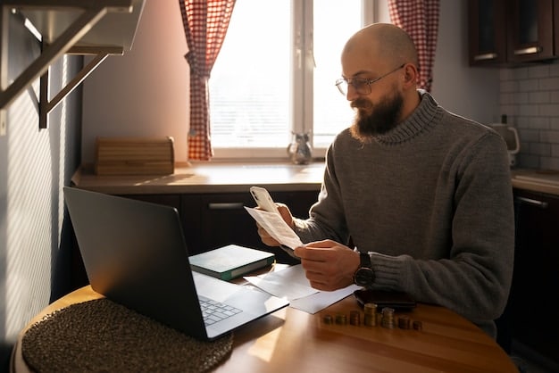An individual reviewing financial documents at a desk, focusing on a document related to HSA contributions. The setting is a home office, indicating personal financial planning.