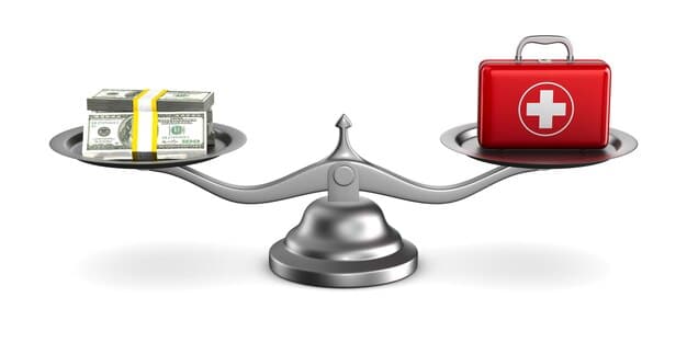 A balanced scale with money bags on one side and a medical cross symbol on the other, representing the balance between financial planning and healthcare needs in HSA management. The background is a blurred image of a person working on a computer, symbolizing the integration of technology and financial decisions.