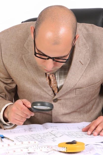 A person reviewing documents with a magnifying glass, symbolizing a detailed examination of COBRA coverage terms and conditions. The lighting should be bright and professional.