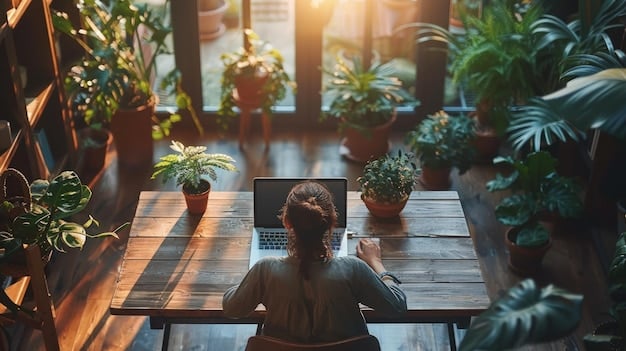 An employee meditating in a quiet space at work, with soft lighting and plants in the background, illustrating a focus on mental wellness.