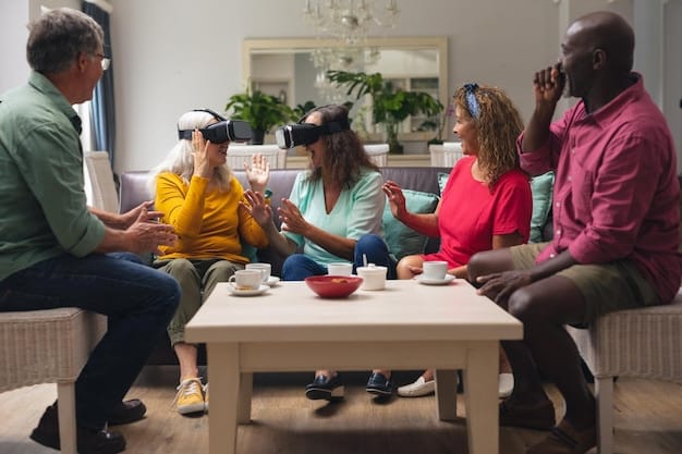 A diverse group of patients participating in a virtual group therapy session on a large screen, symbolizing the use of telehealth for mental health support and community building.