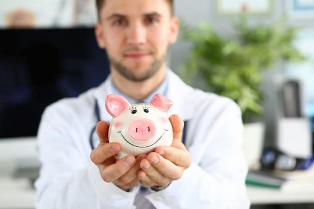 A person happily holding a piggy bank with a medical cross on it, symbolizing the saving aspect of an HSA. The background is a clean, modern office setting.