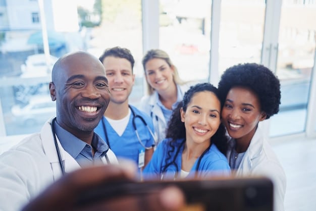 A diverse group of doctors and nurses smiling in a modern hospital setting, symbolizing the breadth of a provider network.