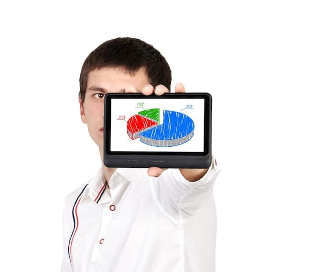 A person holding a tablet displaying a pie chart representing asset allocation, with sections for stocks, bonds, and cash. The setting is a modern, well-lit office, symbolizing investment management and financial planning.