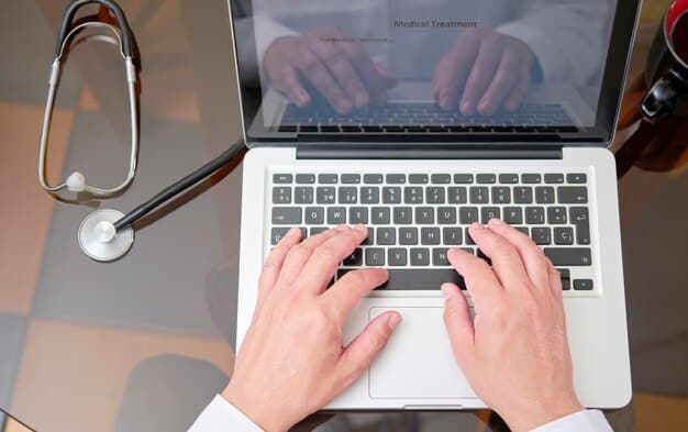 A close-up of hands typing on a laptop searching for eligible medical expenses for HSA reimbursement, with a visual representation of tax savings overlayed on the screen.