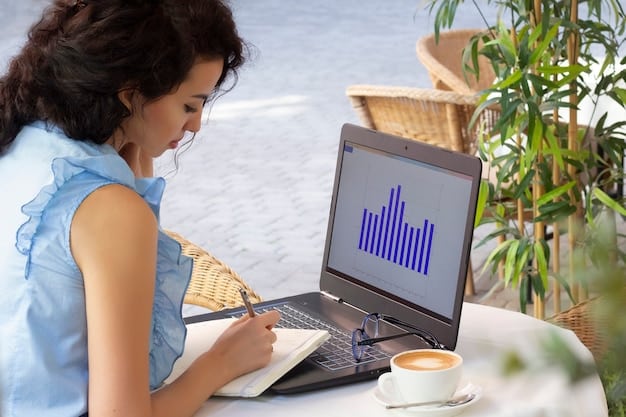 A person using a laptop to manage their HSA account online. The screen displays graphs and charts showing the growth of the HSA funds. The setting suggests a modern, tech-savvy approach to healthcare savings for the self-employed.