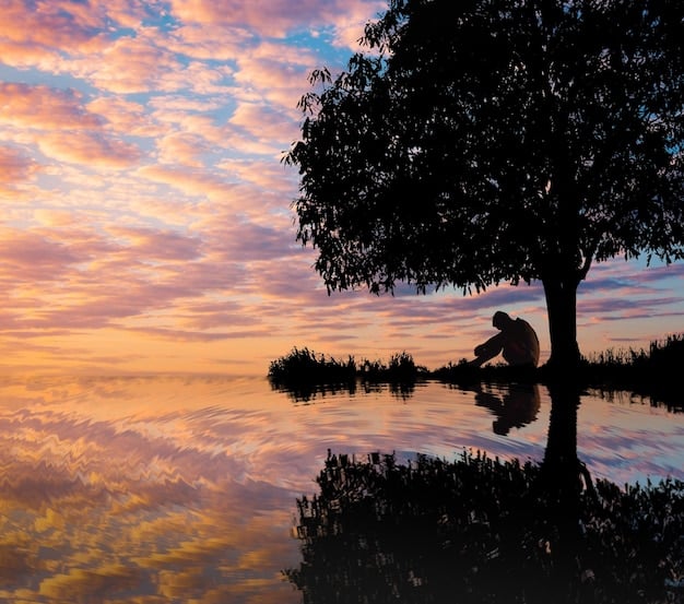 A person meditating under a tree during sunset, with a sense of peace and tranquility, emphasizing inner calm and reflection.