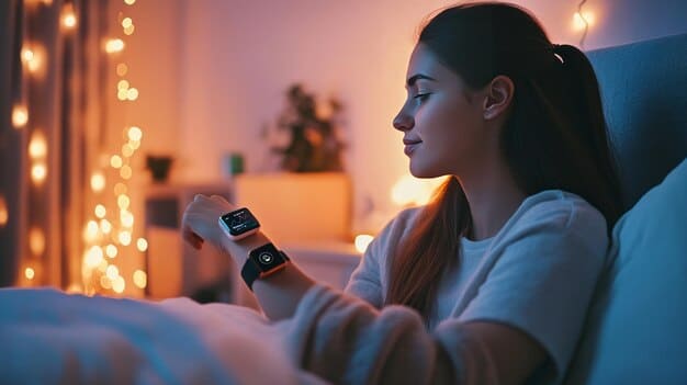 A person discreetly checking their smart watch for sleep tracking data, perhaps with a soft lamp in the background, implying mindful sleep monitoring.