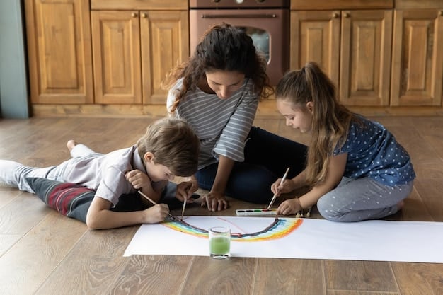 A parent and child engaging in a focused activity together, such as building a puzzle or drawing, with expressions of mutual concentration and enjoyment, in a warm, inviting living room setting.