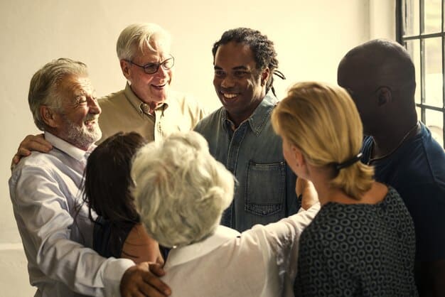 A diverse group of people from different age groups and backgrounds engaging in a shared virtual meditation session, visible through screen overlays, symbolizing interconnectedness and community within digital mindfulness.