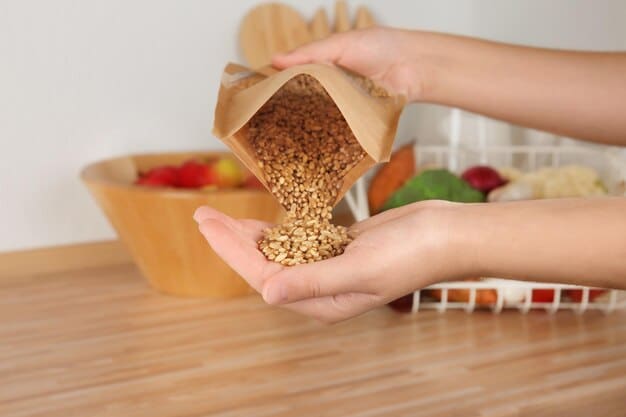 A person's hands filling up reusable bags with oats, rice, and lentils from bulk bins at a grocery store, emphasizing sustainable and cost-effective shopping.