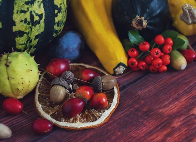 A vibrant, colorful assortment of fresh fruits and vegetables, neatly arranged on a wooden table, emphasizing healthy eating and variety.
