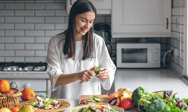 A person happily measuring ingredients for a healthy, home-cooked meal, with fresh vegetables and lean protein on the counter. Emphasizes meal prep and conscious eating.