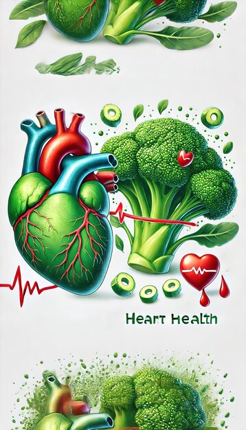 A close-up of a human heart graph overlaid with healthy food icons (broccoli, fish, olive oil), symbolizing cardiovascular health benefits. The background is a clean, modern medical setting.