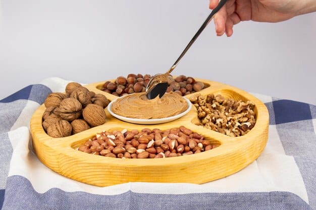 A close-up shot of a variety of nuts and seeds carefully portioned, with a small measuring spoon nearby, emphasizing portion control when consuming healthy fats.