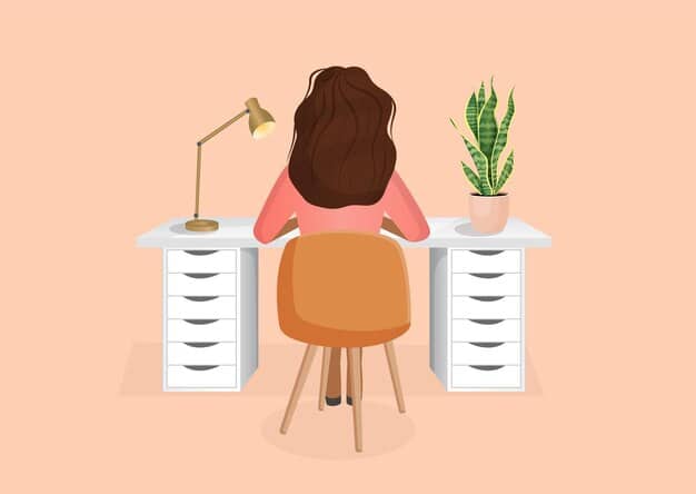 A person sitting at a desk with their back to the viewer, hunched over, looking at a computer screen with a defeated posture, conveying emotional detachment and digital fatigue in a modern, minimalistic corporate setting.