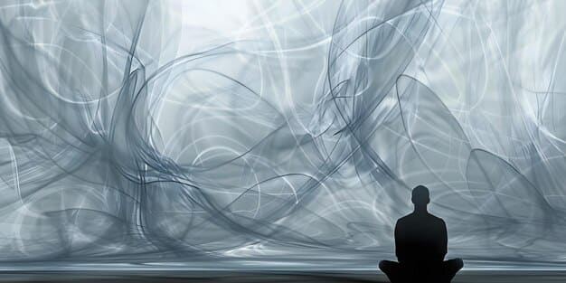 A person meditating calmly amidst a swirling background of abstract financial symbols and positive affirmations, symbolizing mental peace leading to financial harmony.