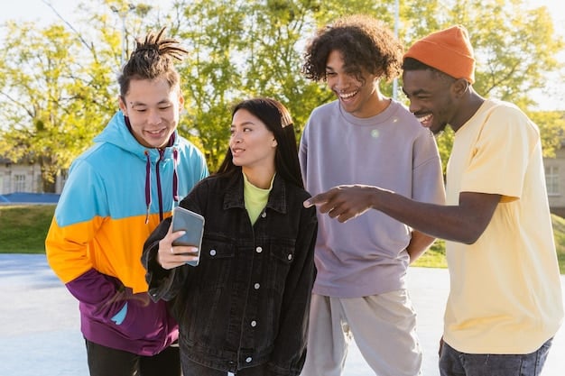 A diverse group of teenagers laughing and interacting face-to-face in a park, with their phones put away, illustrating healthy offline connections.