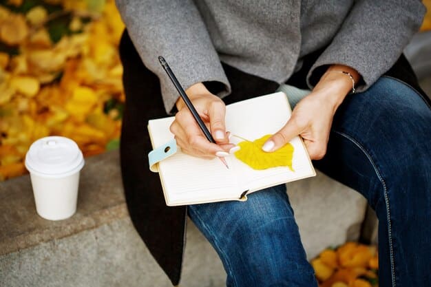 A person writing in a gratitude journal, with a pen in hand and a thoughtful expression, surrounded by natural light, symbolizing reflection and personal growth.
