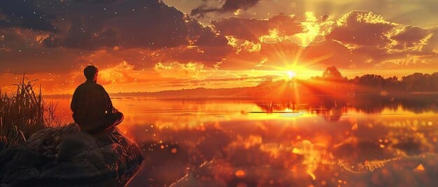 A person meditating peacefully in a natural setting at sunrise, symbolizing resilience, calm, and overcoming daily stress through mindfulness.