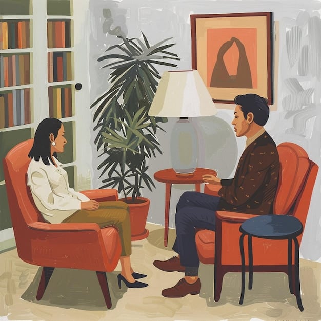 A therapist and client engaged in a counseling session, both attentive and empathetic, with warm, inviting office decor. The scene depicts a safe and supportive therapeutic environment.