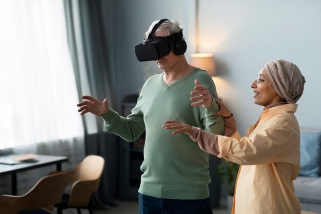 A therapist and patient engaged in a virtual reality therapy session, with the patient wearing a VR headset and the therapist monitoring on a screen, depicting advanced online therapy in action.