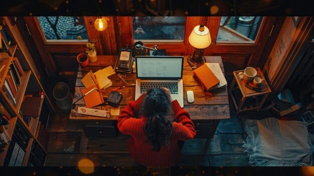 A person studying diligently at a desk, surrounded by books and a laptop, with an expression of focused engagement. The setting is a quiet, well-lit home office.