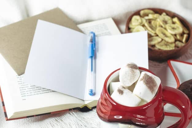 A person journaling and reflecting, surrounded by calming elements like a cup of tea and a soft blanket, indicating introspection and peace. sunlight streams through a window, illuminating their thoughtful expression.